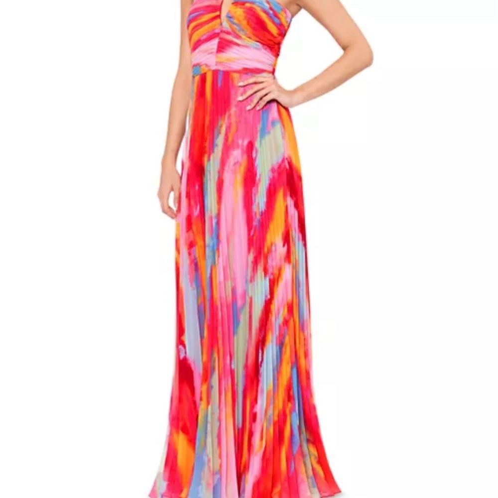 Xscape Pink and Orange Pleated Maxi Gown V-Neck